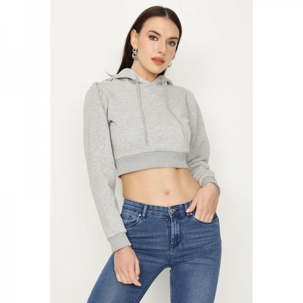 Light Grey Marl Crop Puff Sleeve Hoodie