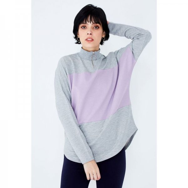 Grey Marl-Mauve Colour Block Zip Neck Sweat