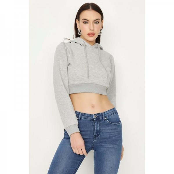 Light Grey Marl Crop Puff Sleeve Hoodie