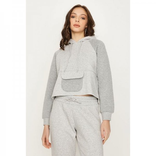 Grey Marl Quilted Pocket Front Crop Hoodie