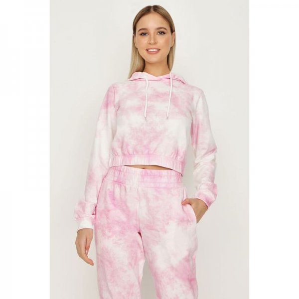 Pink-White Tie Dye Shirred Hem Hoodie