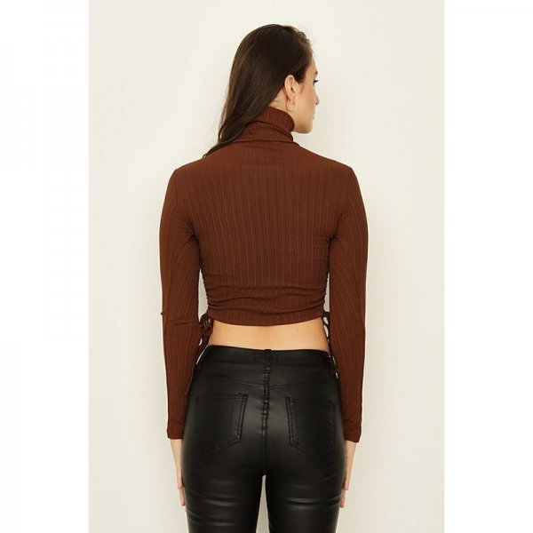 Cocoa Ribbed Roll Neck Ruched Side Top