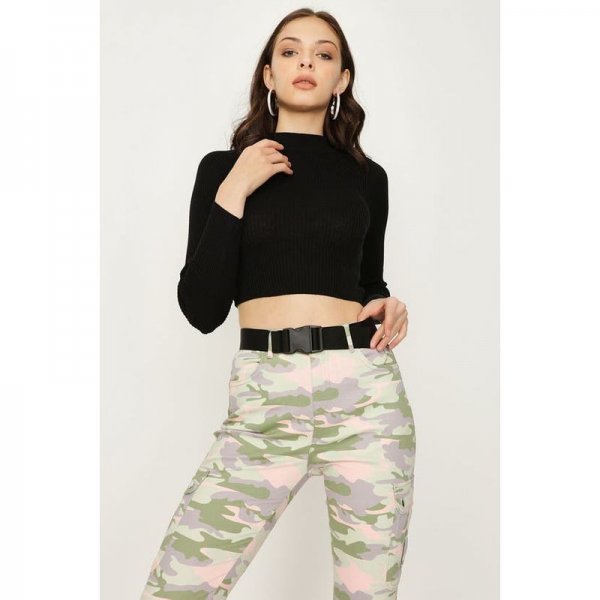 Black Crop Funnel Neck Rib Jumper