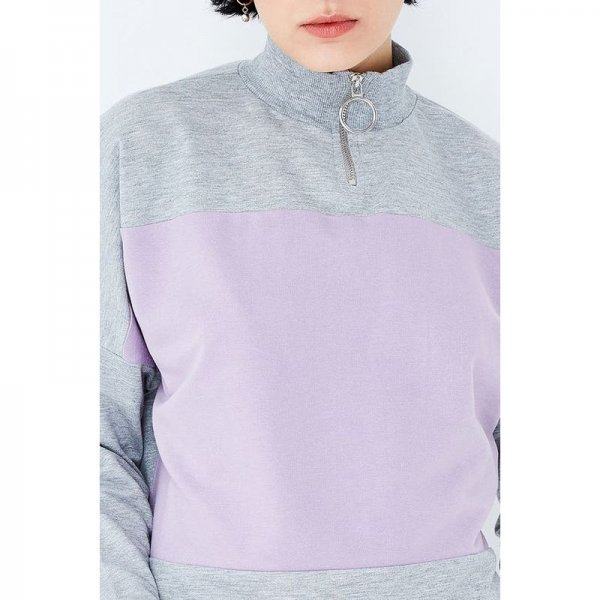 Grey Marl-Mauve Colour Block Zip Neck Sweat