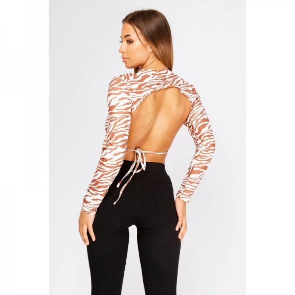 Tan Tiger Print Backless Crop Top