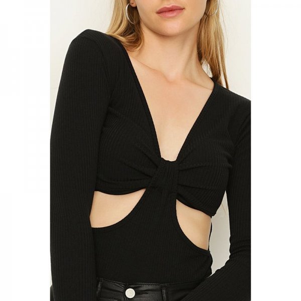 Black Ribbed Knot Front Bodysuit