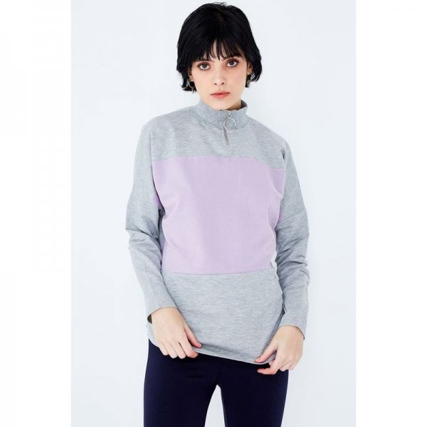 Grey Marl-Mauve Colour Block Zip Neck Sweat