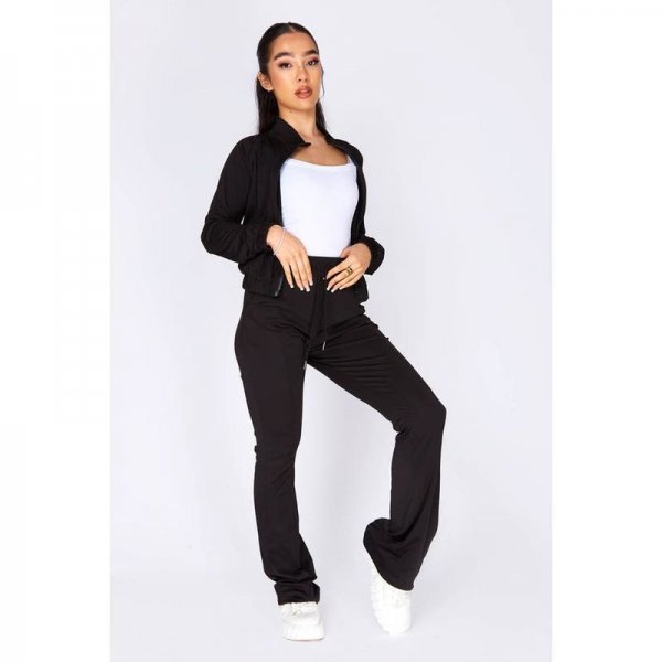 Black Zip Up Sweater And Flare Tracksuit Set