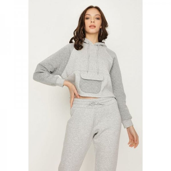 Grey Marl Quilted Pocket Front Crop Hoodie