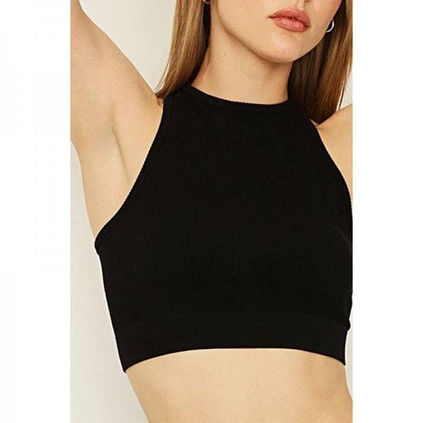 BLACK SEAMLESS RACER CROP TOP