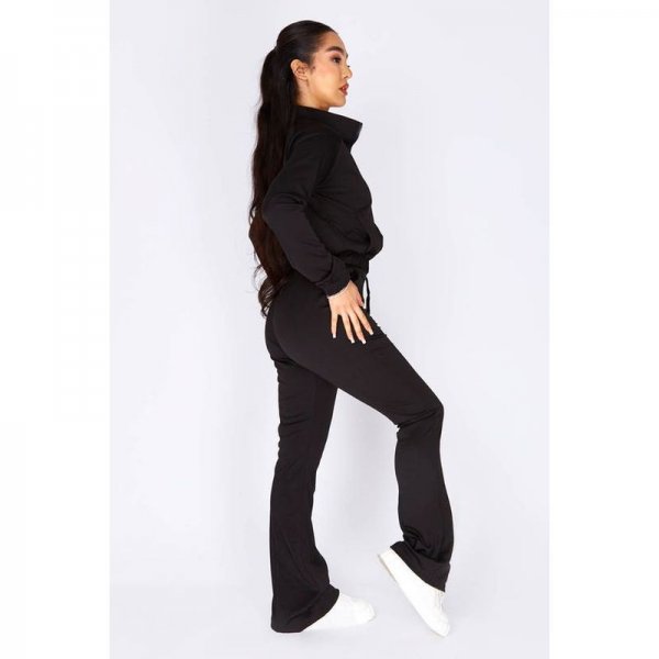 Black Zip Up Sweater And Flare Tracksuit Set