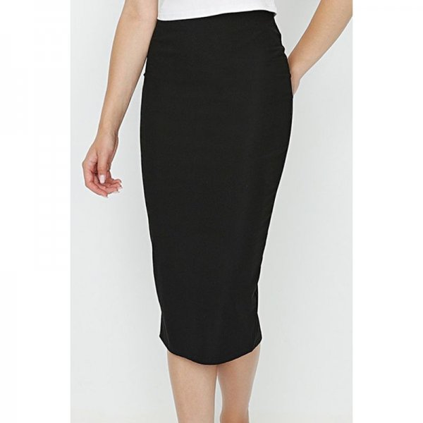 Black Fine Rib Back Split Midi Skirt