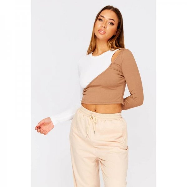 Brown Two Tone Cut Out Crop Top