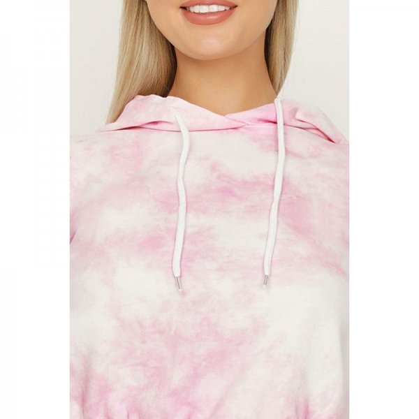 Pink-White Tie Dye Shirred Hem Hoodie